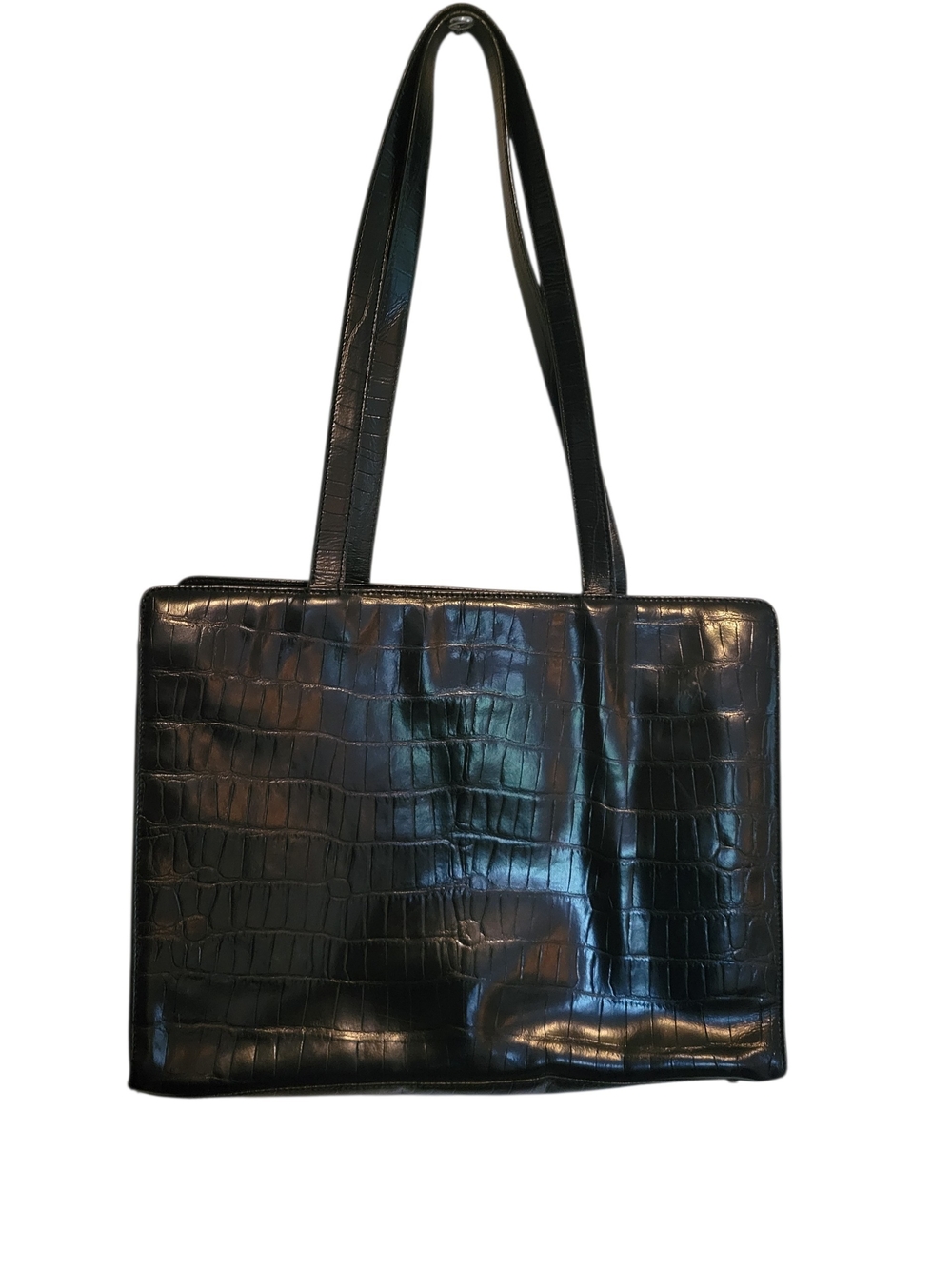 Alexandra Da Vinci Vintage Crocodile Embossed Black Leather Tote Purse Laptop